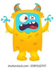 Cartoon cute monster with funny excited face expression waving hands . Vector illustration isolated Halloween design