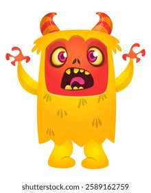 Cartoon cute monster with funny excited face expression waving hands . Vector illustration isolated Halloween design