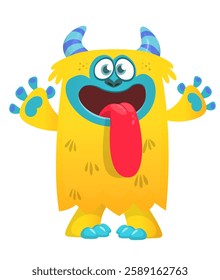 Cartoon cute monster with funny excited face expression waving hands . Vector illustration isolated Halloween design