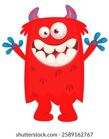 Cartoon cute monster with funny excited face expression waving hands . Vector illustration isolated Halloween design