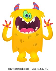 Cartoon cute monster with funny excited face expression waving hands . Vector illustration isolated Halloween design