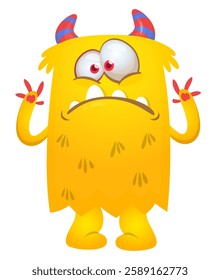 Cartoon cute monster with funny excited face expression waving hands . Vector illustration isolated Halloween design