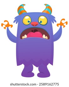 Cartoon cute monster with funny excited face expression waving hands . Vector illustration isolated Halloween design