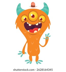 Cartoon cute monster with funny excited face expression waving hands. Vector illustration isolated on white. Halloween design