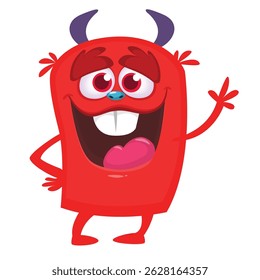 Cartoon cute monster with funny excited face expression waving hands. Vector illustration isolated on white. Halloween design