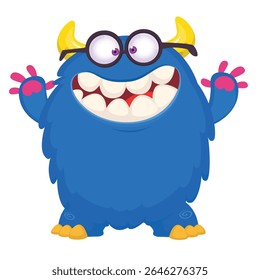 Cartoon cute monster with funny excited face expression waving hands . Vector illustration isolated on white.