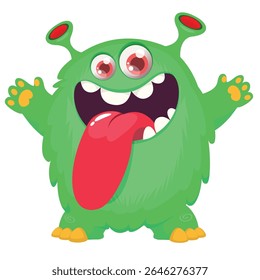 Cartoon cute monster with funny excited face expression waving hands . Vector illustration isolated on white.