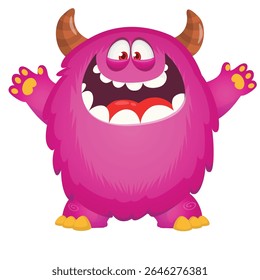 Cartoon cute monster with funny excited face expression waving hands . Vector illustration isolated on white.