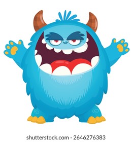 Cartoon cute monster with funny excited face expression waving hands . Vector illustration isolated on white.