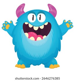 Cartoon cute monster with funny excited face expression waving hands . Vector illustration isolated on white.