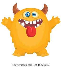Cartoon cute monster with funny excited face expression waving hands . Vector illustration isolated on white.