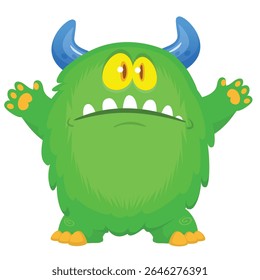 Cartoon cute monster with funny excited face expression waving hands . Vector illustration isolated on white.