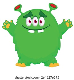 Cartoon cute monster with funny excited face expression waving hands . Vector illustration isolated on white.