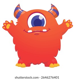 Cartoon cute monster with funny excited face expression waving hands . Vector illustration isolated on white.