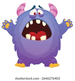 Cartoon cute monster with funny excited face expression waving hands . Vector illustration isolated on white.