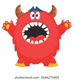 Cartoon cute monster with funny excited face expression waving hands . Vector illustration isolated on white.