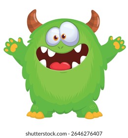 Cartoon cute monster with funny excited face expression waving hands . Vector illustration isolated on white.