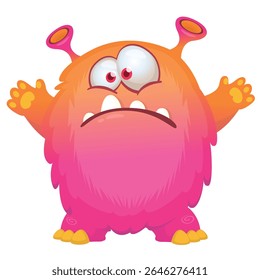 Cartoon cute monster with funny excited face expression waving hands . Vector illustration isolated on white.