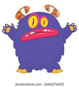 Cartoon cute monster with funny excited face expression waving hands . Vector illustration isolated on white.