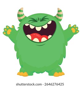 Cartoon cute monster with funny excited face expression waving hands . Vector illustration isolated on white.