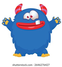 Cartoon cute monster with funny excited face expression waving hands . Vector illustration isolated on white.