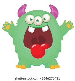 Cartoon cute monster with funny excited face expression waving hands . Vector illustration isolated on white.