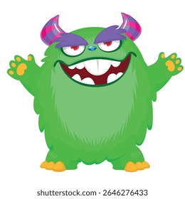 Cartoon cute monster with funny excited face expression waving hands . Vector illustration isolated on white.