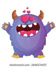 Cartoon cute monster with funny excited face expression waving hands . Vector illustration isolated on white.