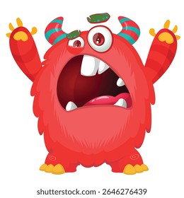 Cartoon cute monster with funny excited face expression waving hands . Vector illustration isolated on white.