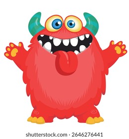 Cartoon cute monster with funny excited face expression waving hands . Vector illustration isolated on white.