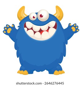 Cartoon cute monster with funny excited face expression waving hands . Vector illustration isolated on white.