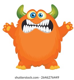 Cartoon cute monster with funny excited face expression waving hands . Vector illustration isolated on white.