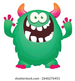 Cartoon cute monster with funny excited face expression waving hands . Vector illustration isolated on white.