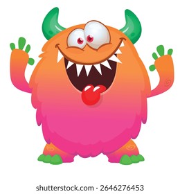 Cartoon cute monster with funny excited face expression waving hands . Vector illustration isolated on white.
