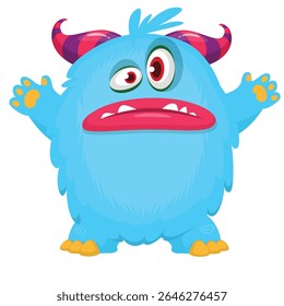 Cartoon cute monster with funny excited face expression waving hands . Vector illustration isolated on white.