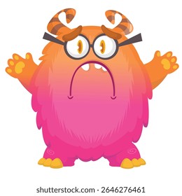 Cartoon cute monster with funny excited face expression waving hands . Vector illustration isolated on white.