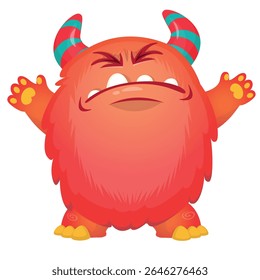 Cartoon monstro bonito com engraçado excitado face expressão acenando mãos . Ilustração vetorial isolada em branco.