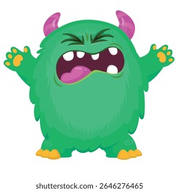 Cartoon cute monster with funny excited face expression waving hands . Vector illustration isolated on white.