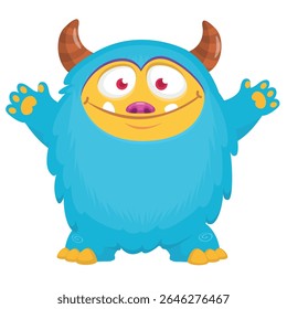 Cartoon cute monster with funny excited face expression waving hands . Vector illustration isolated on white.