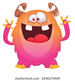 Cartoon cute monster with funny excited face expression waving hands . Vector illustration isolated on white.
