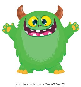Cartoon cute monster with funny excited face expression waving hands . Vector illustration isolated on white.