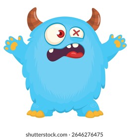 Cartoon cute monster with funny excited face expression waving hands . Vector illustration isolated on white.