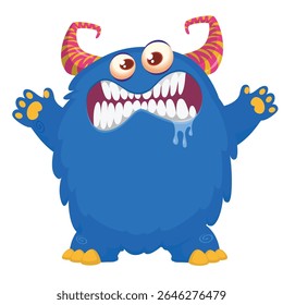 Cartoon cute monster with funny excited face expression waving hands . Vector illustration isolated on white.