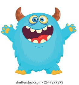 Cartoon cute monster with funny excited face expression waving hands . Vector illustration isolated on white. Halloween design.