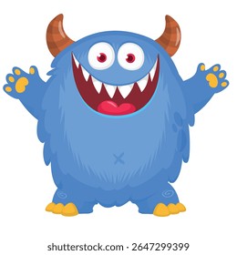 Cartoon cute monster with funny excited face expression waving hands . Vector illustration isolated on white. Halloween design.