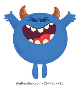 Cartoon cute monster with funny excited face expression waving hands . Vector illustration isolated on white. Halloween design.