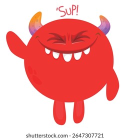 Cartoon cute monster with funny excited face expression waving hands . Vector illustration isolated on white. Halloween design.
