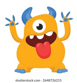 Cartoon cute monster with funny excited face expression waving hands . Vector illustration isolated on white. Halloween design
