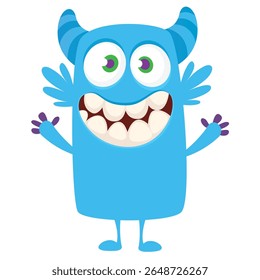 Cartoon cute monster with funny excited face expression waving hands . Vector illustration isolated on white. Halloween design