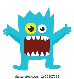 Cartoon cute monster with funny excited face expression waving hands . Vector illustration isolated on white. Halloween design